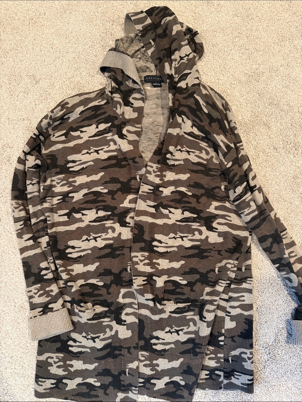 Sanctuary Camo Hooded Cardigan in Green, Brown, Tan